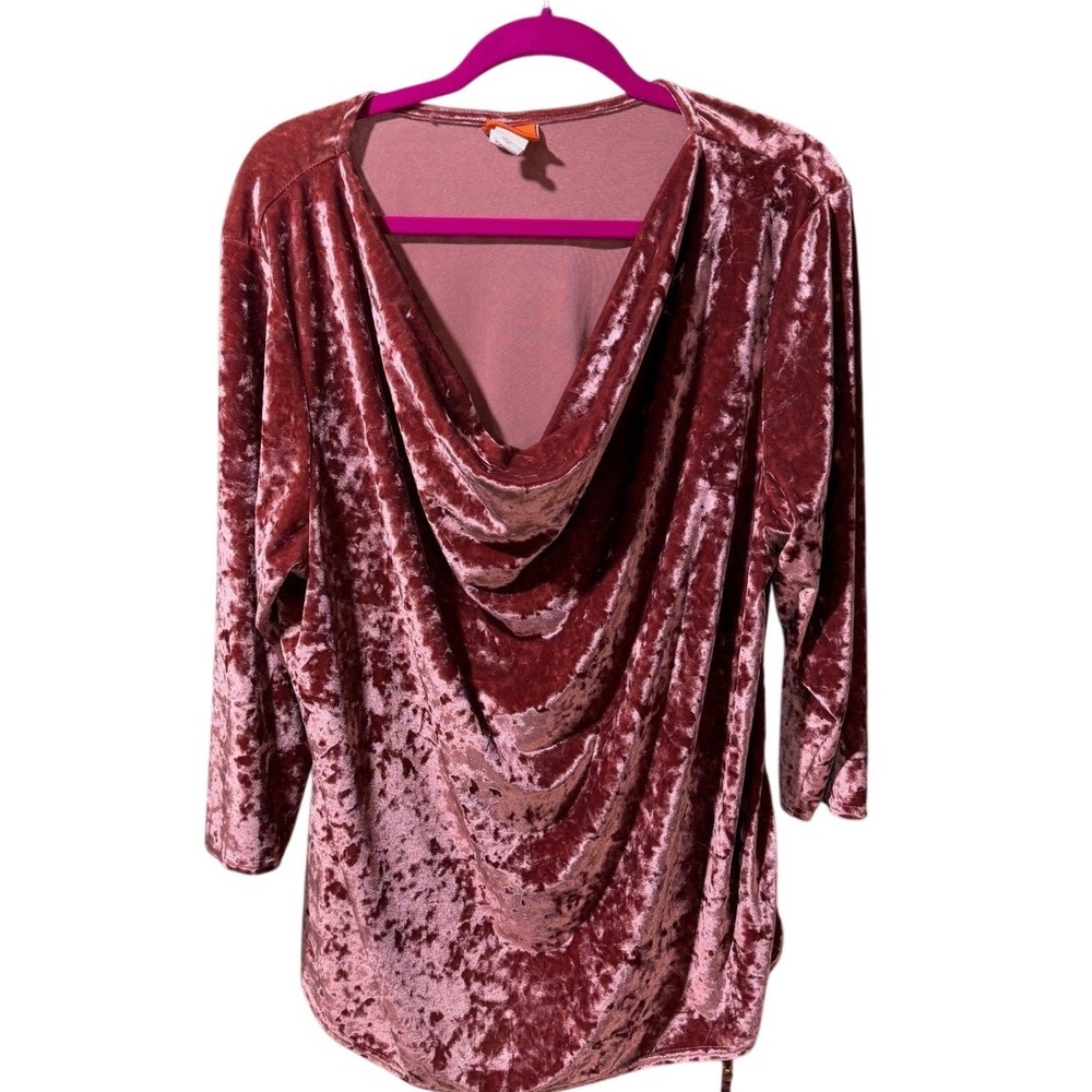 Woman Pink Soft Crushed Velvet Cowl Neck 3/4 Sleeve Pullover Top Plus 2X Cozy